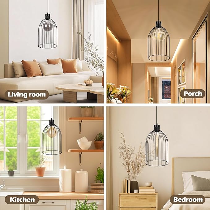 Black Decorative Birdcage Industrial Chandelier – Modern Metal Cage Pendant Light Fixture, E26 Base (No Bulb), Assembly Required, for Living Room, Kitchen, Dining Room, Bedroom, Farmhouse, Bar, Café