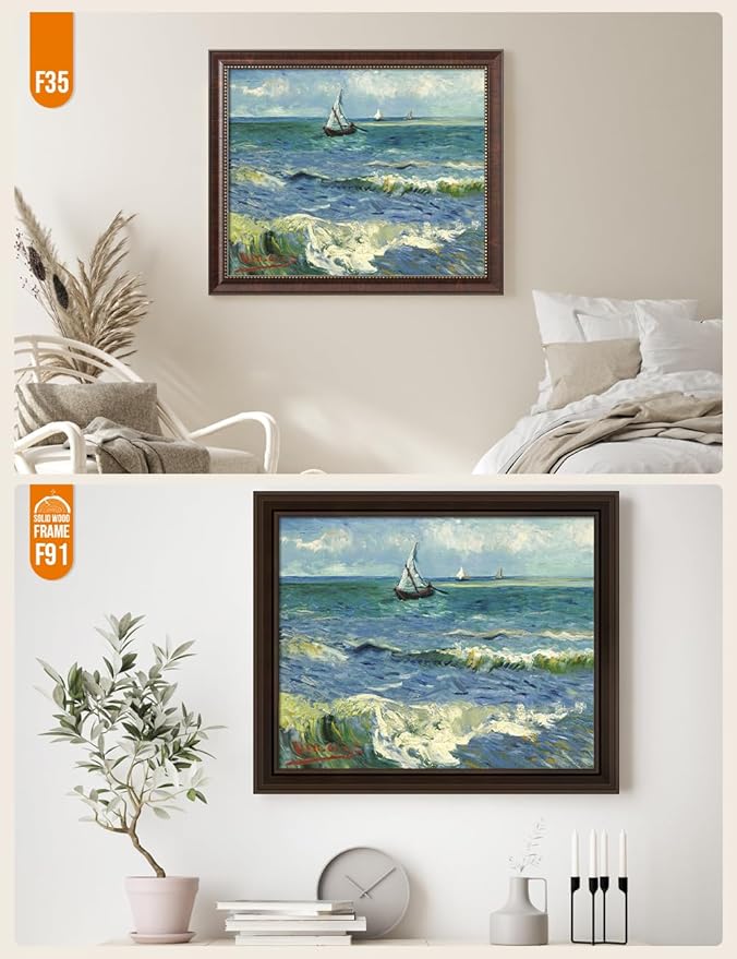 DECORARTS - The Sea at Les Saintes-Maries-de-la-Mer - Vincent Van Gogh Giclee Prints w/Antique Brown Frame for Wall Decor. Picture Size: 20x16, Total Size w/Frame: 23x19