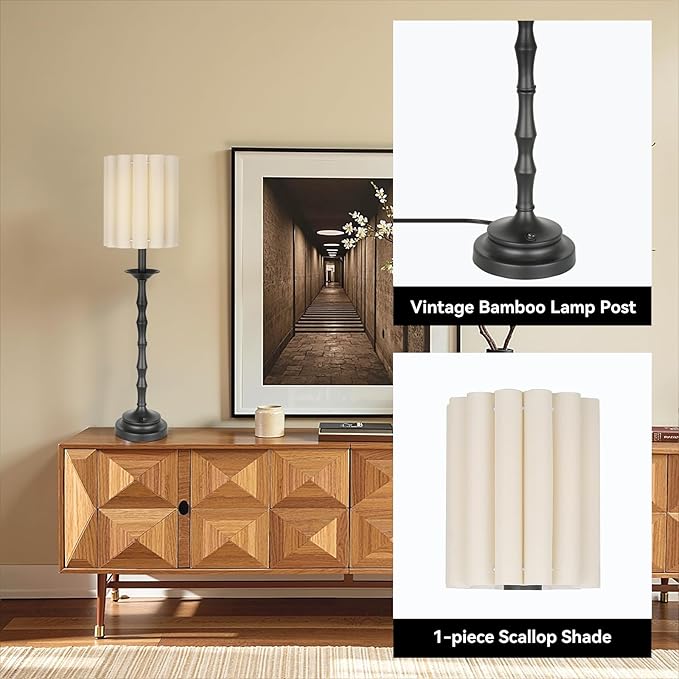 Vintage Black 28.9'' Tall Scalloped Table Lamp Pack of 2, Rustic/Farmhouse Buffet Lamp, Bamboo Lamp Joint Base, for Living Room Bedside Side Table