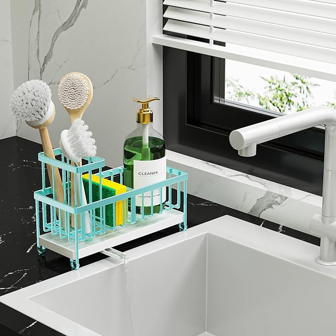 Cisily Turquoise Sponge Holder for Kitchen Sink, Sink Caddy Organizer with High Brush Holder, Kitchen Countertop Organizers and Storage Essentials, Rustproof 304 Stainless Steel, Soap Dispenser