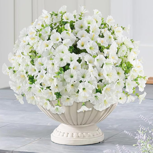 12PCS Artificial Flowers for Outdoor Decorations, Realistic Faux White Silk Petunia Flowers for Outside, Fake Plants Morning Glory with Eucalyptus Porch Patio Planters Window Boxes Decor