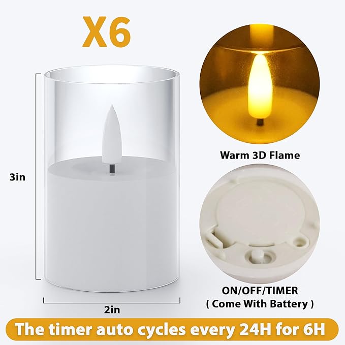 6Pack Flickering Flameless LED Candles with Timer, Battery Powered - Small Pillar & Votive, Clear (2"X3")