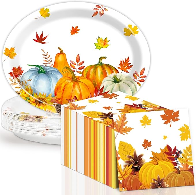 Fall Thanksgiving Party Oval Paper Plates 11inch Large Watercolor Maple Leaves Plates and Napkins, Pumpkin Party Decoration Favor Dish Tray for Autumn Holiday Gathering Supplies Tableware, 25 Guest