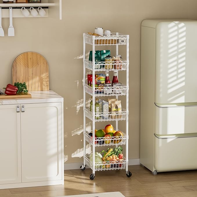 SINGAYE Shelf 6 Tier Wire Shelving Unit with Wheels Baskets Storage Rack Corner Shelves Adjustable Closet Bathroom Organizers Metal Pantry Kitchen Garage Laundry Room 13.5" D x 13.5" W x 63" H White