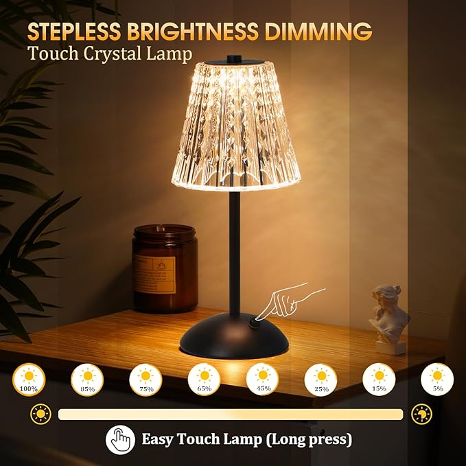 Cordless Touch Table Lamp, 3500mAh LED Rechargeable Small Dask Lamp, 3 Colors Dimmable Battery Operated Crysta Lamp for Bedroom Restaurant Kitchen Home Decor, Black