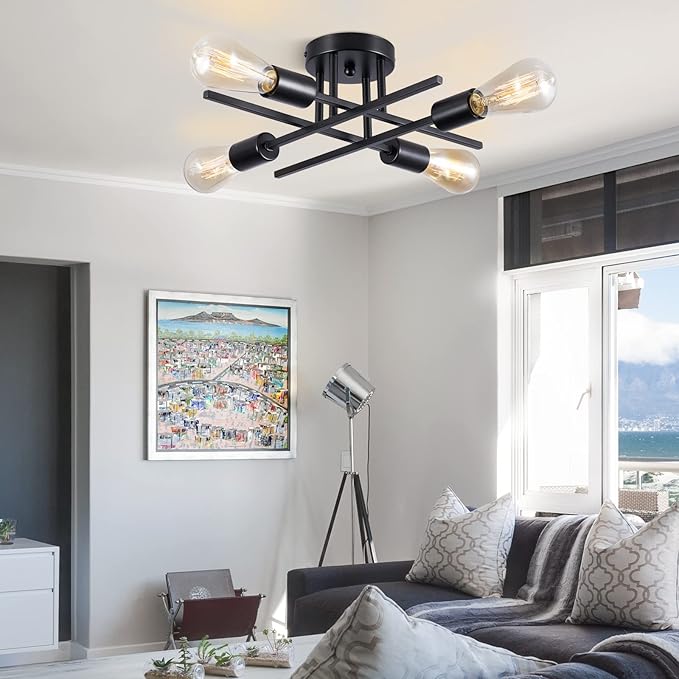 Sputnik Chandeliers, Modern Semi Flush Mount Ceiling Light with E26 Base, Mid Century Industrial Kitchen Farmhouse Light Fixtures for Bedroom Living Room (Black, Ceiling 4 Lights)