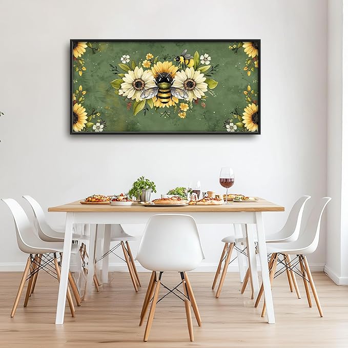 Flintis Large Bee Wall Art Bee Sunflower Pictures Wall Decor Abstract Animal Canvas Painting Print Artwork Decoration Framed for Living Room Bathroom Master Bedroom Office Dining Room 60L x 30W