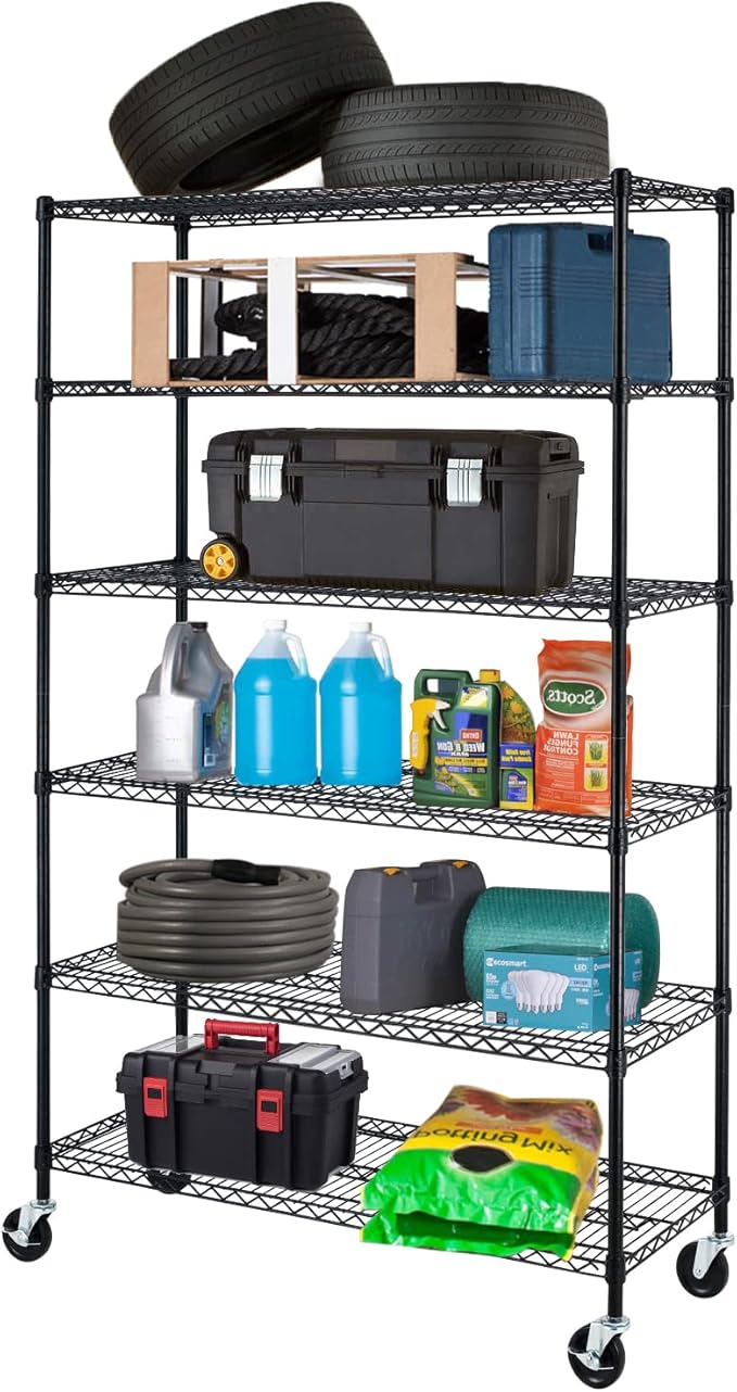 PayLessHere | 6-Tier Wire Shelf with Wheels | 48"x18"x76" | Black | Adjustable Racks | Heavy-Duty Storage Shelves, Holds Upto 600 lbs | Rust-Resistant, No-Tool Assembly | for Home, Garage Shelving