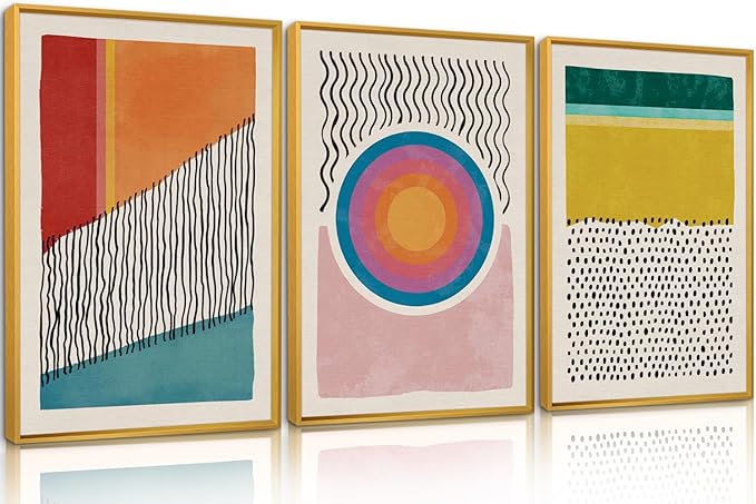 HPINUB Boho Framed Canvas Prints Wall Art Set, Mid-Century Abstract Color Block Shape Wall Decor, Geometric Illustrations Art Photos for Living Room, Bedroom, Dining Room, Office, Bathroom - 16"x24"x3