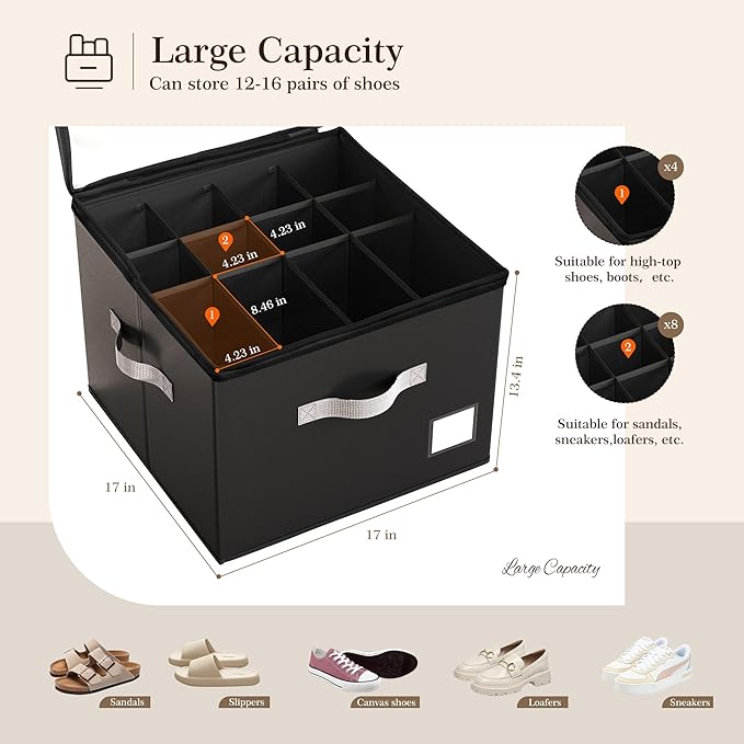 Criusia Shoe Organizer for Closet, Foldable Shoe Storage Organizer with Clear Cover and Sturdy Handles, Fit 12-16 Pairs, Closet Organizer for Shoes Sneakers Sandals Heels, 2 Pack, Black