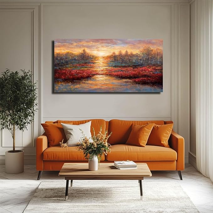 GAIDUOMAI Sunset Glow Pictures Gold and Red Canvas Painting Textured Wall Art for Office 24"x48" Nature Wall Prints for Hotel Master Bedroom Wall Decor