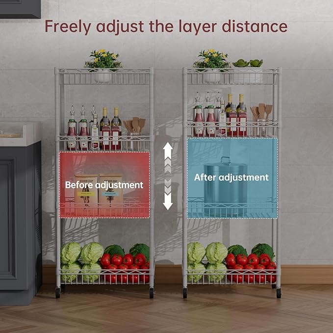 4 Tier Basket Shelf Wire Shelving Unit Adjustable Storage Shelves Big Basket Rack for Garage Kitchen Office Pantry Corner 17.2" Dx12.2 Wx50 H White