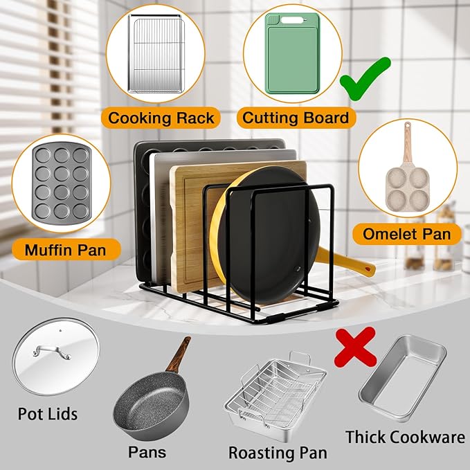 Kitchen Pan Organizer and Pot Rack, 5-Slot Steel Holder for Thin Pans, Baking Trays, and Cutting Boards - Space-Saving Storage