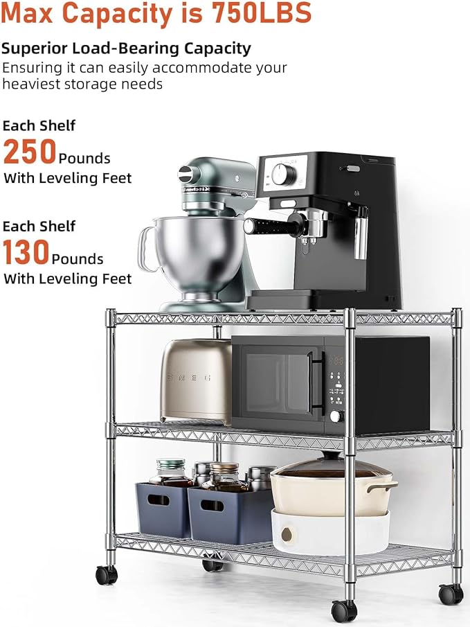 HealSmart 3-Tier Heavy Duty Storage Shelving Unit,Chrome,24.02" D x 13.78" W x 21.97" H inch, 1 Pack