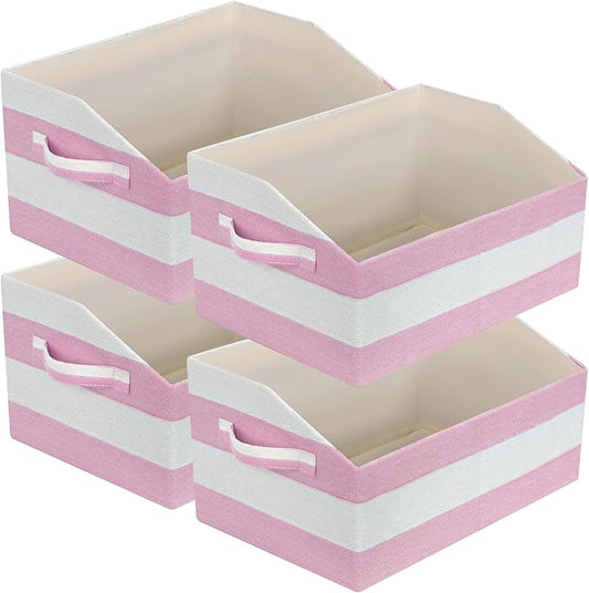 Linen Closet Organizers and Storage, Trapezoid Fabric Bins, Home Office Organization Baskets Striped Collapsible Box with Handles for Clothes, Blanket, Books, DVD, 4 Pack, Pink/White
