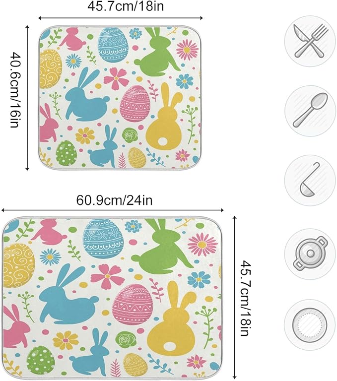 Flowers Eggs Bunny Easter Dish Drying Mat 18 X 24 Inches Spring Rose Leaves Peeps Rabbits Dry Dishes Pads Mats for Kitchen Tableware Protector Countertops Counter Home Decorations