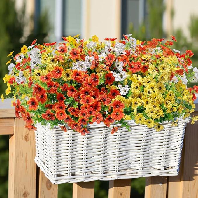 12 Pack Artificial Fall Flowers for Outdoor Orange Yellow Autumn Floral Stems Outside Faux Silk Violet Flower for Garden Porch Window Yard Wedding Thanksgiving Decoration Table Fireplace Decor