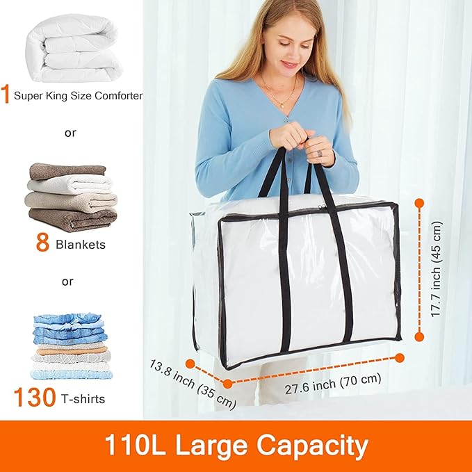 Vieshful 5 Pack Clear Comforter Storage Bag, 110L Over-Sized Clothes Storage Bag with Zipper Closet Organizer, Plastic Storage Containers Moving bags for Comforter, Blanket, Bedding, Duvet, Toys