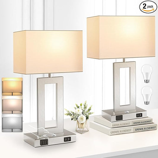 3 Color Temperatures Touch Control Table Lamps Set of 2, Stepless Dimmable Bedside Lamps with 2 USB Ports&AC Outlet, Modern Nightstand Lamps for Bedroom Living Room, Bulbs Included, Silver&White