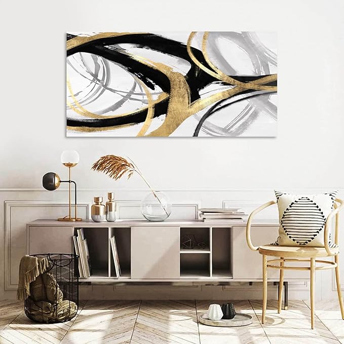 Abstract Canvas Prints Black And White Wall Art Pictures for Wall Decoration Gold Posters Graffiti Artwork Decor for Bedroom Dinning Room Home Office Kitchen 24x48 In