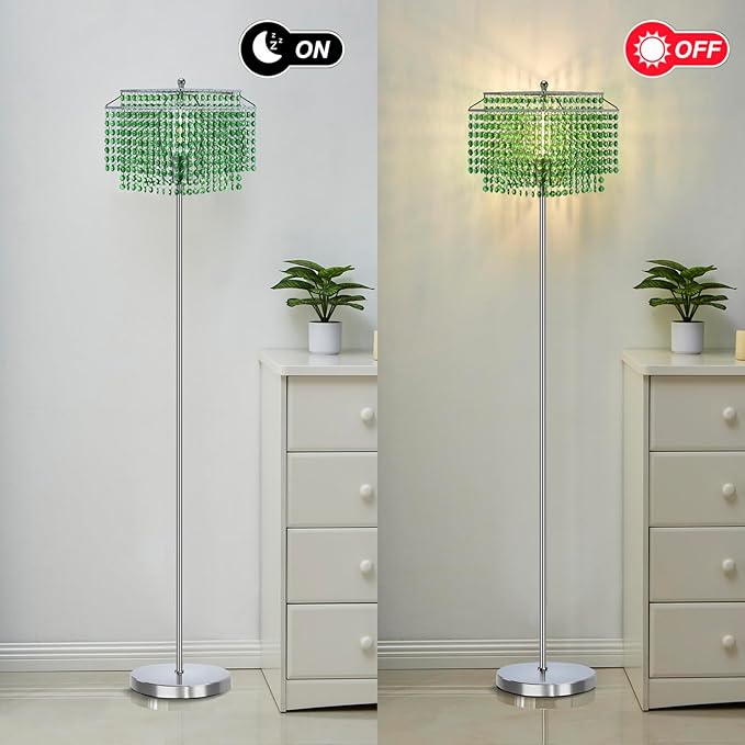 Crystal Floor Lamp, 64" Tall Elegant Standing Lamp with On-Off Foot Switch, Silver Lamp with Green Double-Layer Crystal Lampshade , Standing Lamps for Bedroom, Living Room, Office, 8W Bulb Included