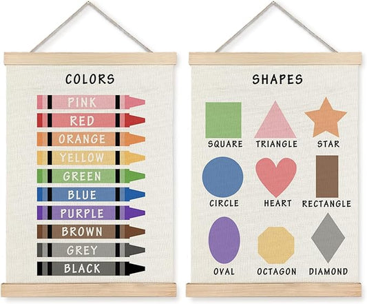 Supwhd Shapes Colors Posters for Classroom Wall, Shapes Colors Learning Poster Hanger Frame Wall Decor for Classroom Nursery Kids Room Playroom Preschool Decor, 12x16 Set of 2
