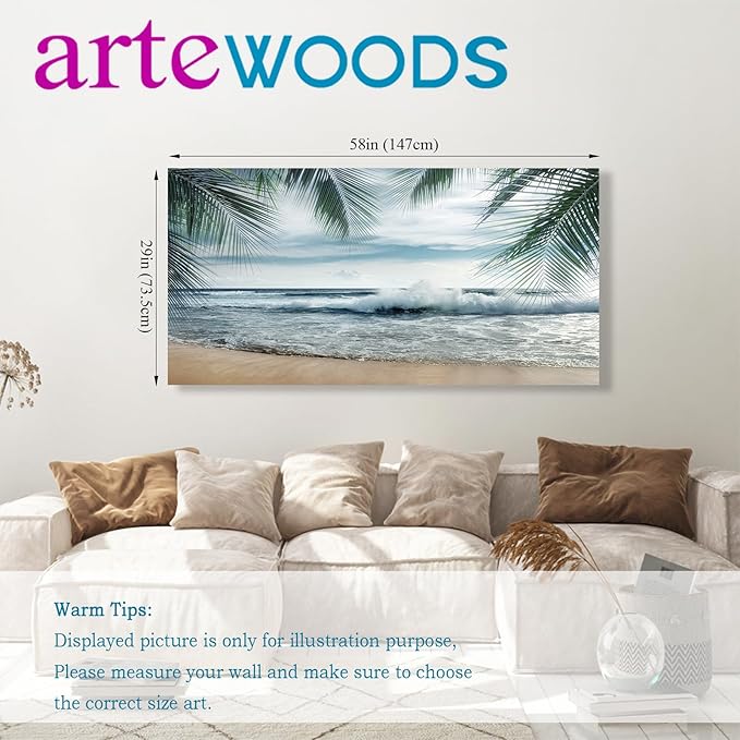 arteWOODS Tropical Beach Canvas Wall Art - Ocean Waves Pictures Coastal Oceanic Blue Sky Sea Print Seaside Palm Tree Leaves Scene Painting Artwork Living Room Bedroom Office Home Decor 29" x 58"