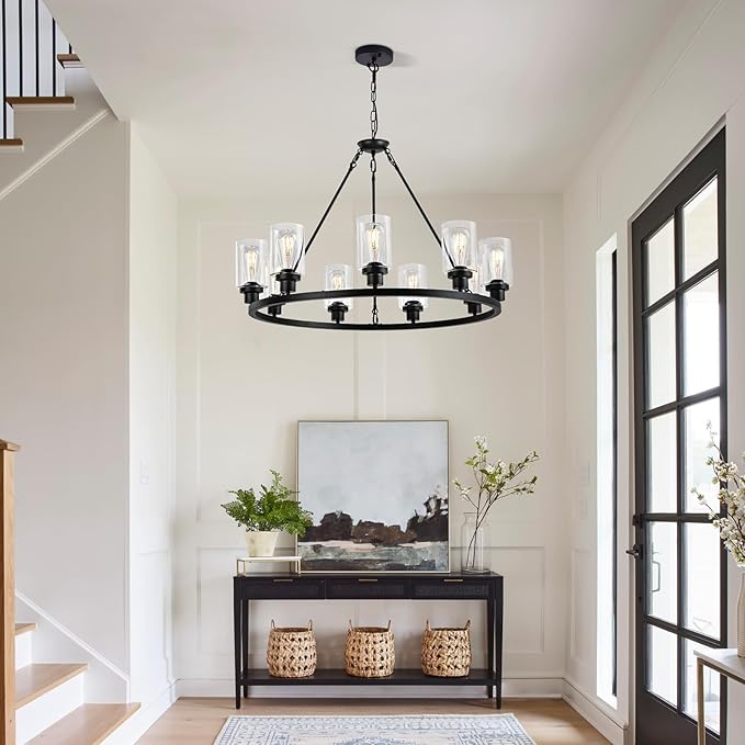 9-Light 32" Modern Farmhouse Chandeliers for Dining Room,Wagon Wheel Black Chandelier,Adjustable Height Hanging Round Pendant Lights for Kitchen Island Clear Glass Shade Ceiling Light fixtures