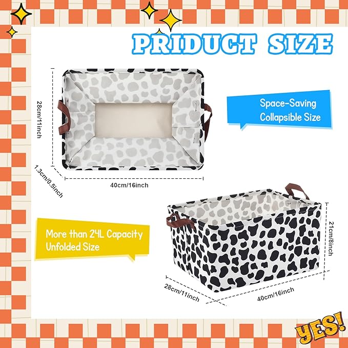 3 Pack Storage Baskets Waterproof Canvas with Leather Handles Storage Bins Basket Organizer Collapsible for Closet Clothes Room Decor(Black, Yellow, Blue,Cartoon)