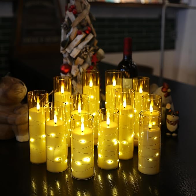 Da by Flameless Candles with Recessed String Light, Battery Operated Candles, Acrylic LED Pillar Candles with Remote Control and Timer, Golden, Set of 12