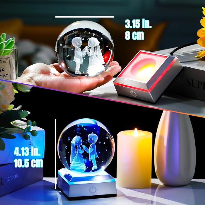 3D Crystal Ball Engraved Wedding Couples with LED Light Base 3.15'' - Gifts for Bride and Groom, Friend, Sister - Married Anniversary Presents for Partner Sweet Newlyweds Home Decor