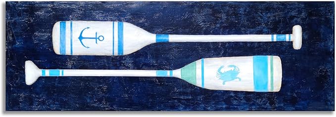 Yihui Arts Coastal Canvas Wall Art - Navy Blue and White Oar Painting for Bedroom Bathroom Decor