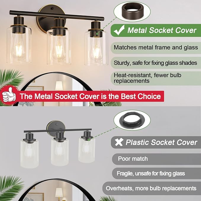 3-Light Bathroom Light Fixtures, Brown and Gold Bathroom Wall Lights, Modern Vanity Light with Clear Glass Shade, Bathroom Wall Lamp for Mirror Hallway Cabinet