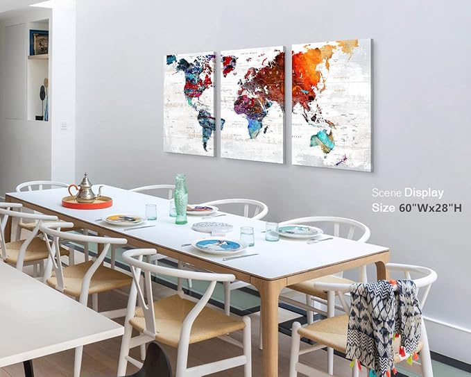 World Map Wall Art Living Room Wall Decor Office Pictures for Wall Decorations Large Abstract Art 60" W x 28" H Framed Paintings for Dining Room