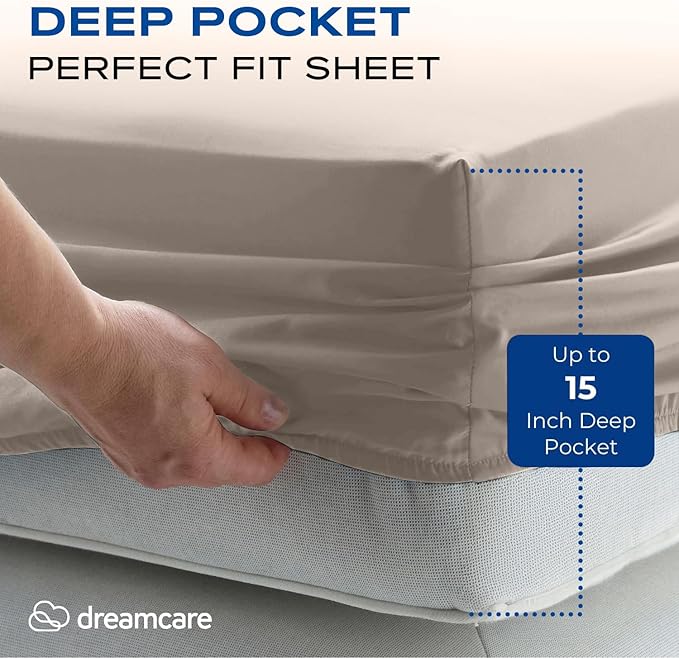 DREAMCARE Twin XL Sheets Set - 4 Pcs Cooling Bed Sheets with Up to 15" Deep Pockets - Soft, Long-Lasting 100% Brushed Polyester with Side Pocket (Beige)