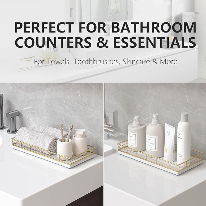 Toilet Paper Basket Organizer – Oak Wood Toilet Tank Tray with Metal Frame, Back of Tank or Top Bathroom Counter Storage – Gold & White Modern Decor