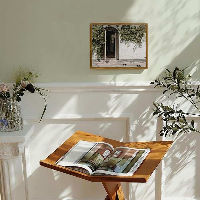 crmotu Framed Canvas Wall Art, Rural Landscape Vintage Art Prints, Rustic Door Entrance Farmhouse Decor, Green Grapevine Plant Aesthetic Pictures, Bedroom Bathroom Kitchen Desktop Small Artwork 8x10in