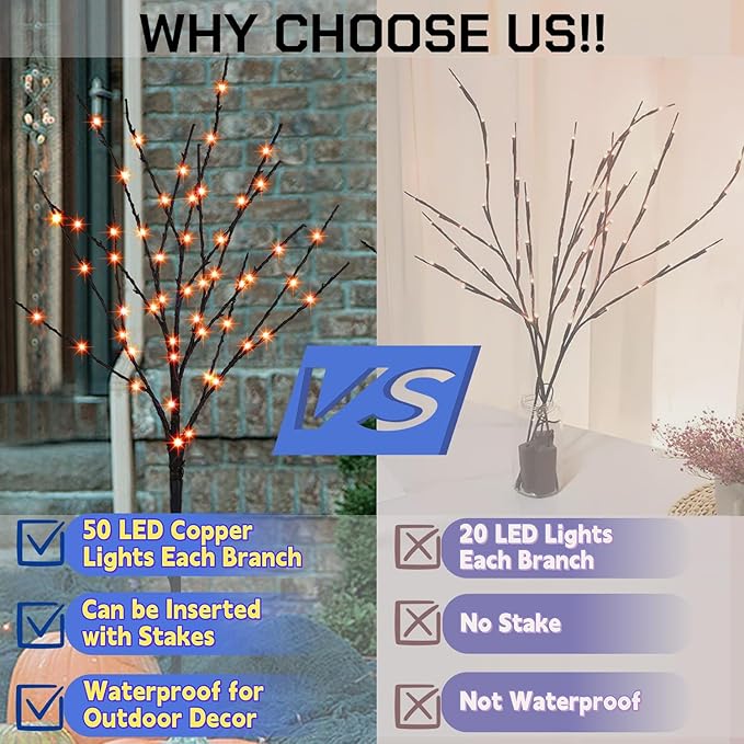 Lighted Halloween Tree Branches, 30IN 100LED Artificial Black Twig Branch with Orange Fairy Lights, Built-in Timer & Battery Operated, Waterproof for Indoor Outdoor Office Bedroom Party Decorations