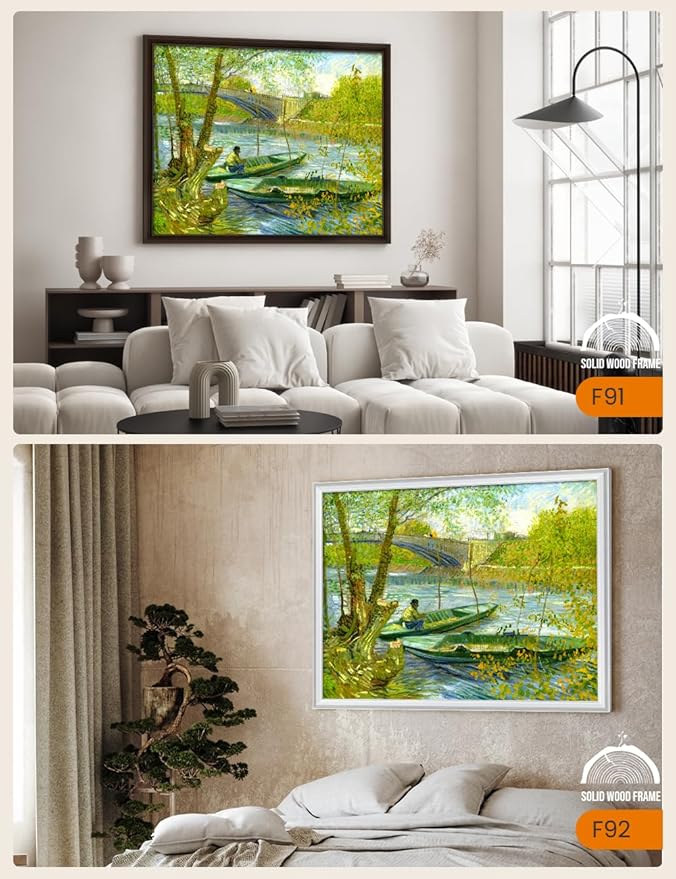 DECORARTS - Fishermen and Boats from the Pont de Clichy by Vincent Van Gogh, Large Giclee Canvas Print with Solid Wood Frame, Oversized Wall Art Decor