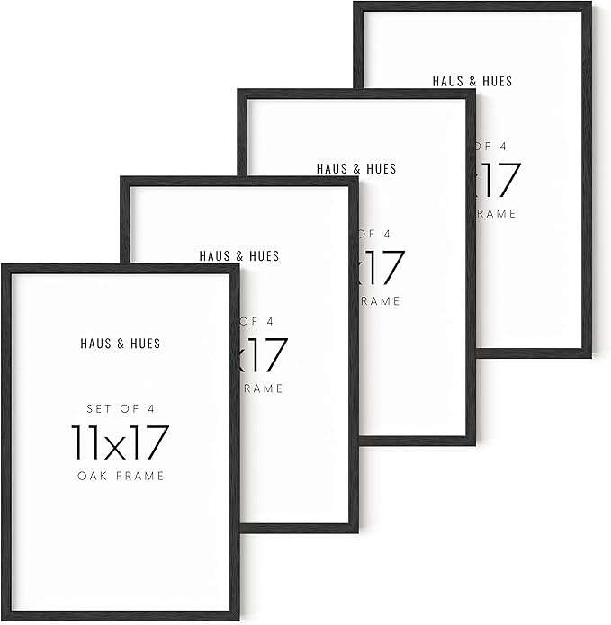 HAUS AND HUES Set of 4 11x17 Picture Frame - 11 x 17 Picture Frame Collages for Wall, Wood Picture Frames 11x17 Black Frames for Gallery Wall, 11x17 Poster Frame Black Photo Frames (Black Oak Frame)