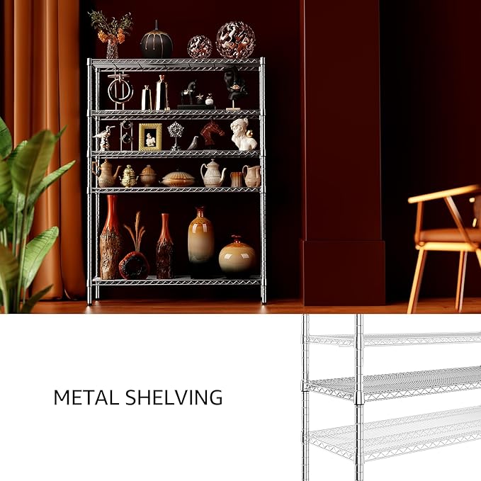 IZEUK 4250 LBS Garage Shelving Wide Storage Shelves 5 Tier Metal Shelves Heavy Duty Adjustable Utility Shelf Rack Chrome 17.7" D x 59.1" W x 70.4" H