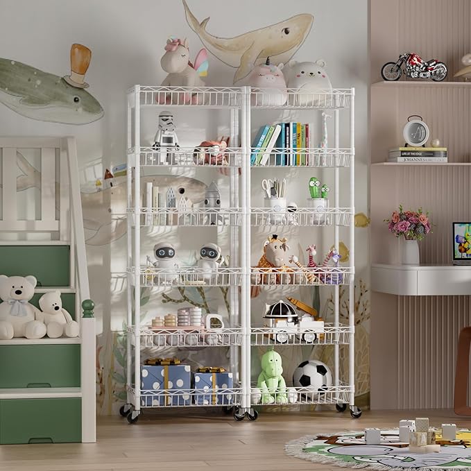 6 Tier Basket Shelf Wire Shelving Unit Adjustable Storage Shelves Big Basket Rack for Garage Kitchen Office Pantry Corner 17.2" Dx12.2 Wx63 H White