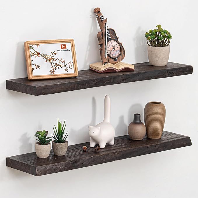 Fun Memories Floating Shelves Set of 2, Solid Elm Wood Wall Shelves 32 Inch - Invisible Bracket Mount, Deep Floating Shelf for Living Room Kitchen, Walnut