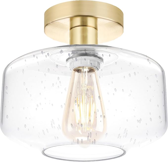 Semi Flush Mount Ceiling Lights, Industrial Ceiling Light, Glass Pendant Lamp Shade,11.8'' Inches Pendant Light Fixtures for Hallway, Entryway, Farmhouse, Kitchen (Gold Seeded Glass)