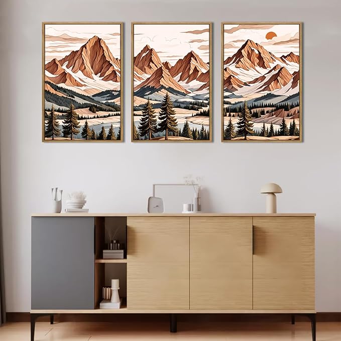 IARTTOP Framed Mountain Canvas Wall Art Large16x24 Inch Abstract Mountain Art Prints Set of 3 Vintage Nature Scenery Wall Decor for Living Room Bedroom Office