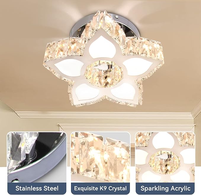 FRIXCHUR Crystal Ceiling Light Small Flower Chandelier Flush Mount Light Fixture for Kitchen Hallway Dining Room Bedroom Girls Room (Warm White)