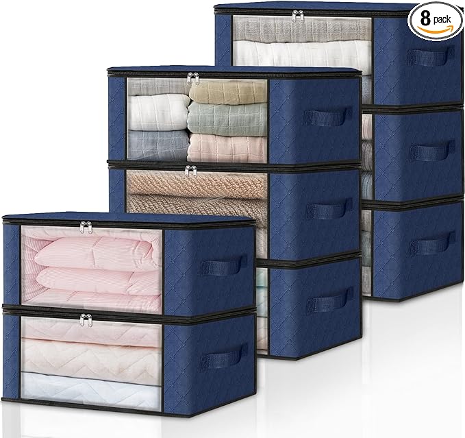 HomeHacks Storage 8-Pack Clothes Organizer Storage Bags Foldable Storage Box with Large Clear Window Sturdy Handles for Closet, Dorm, Pillows, Bedding, Clothes, Blankets, 35L, Blue