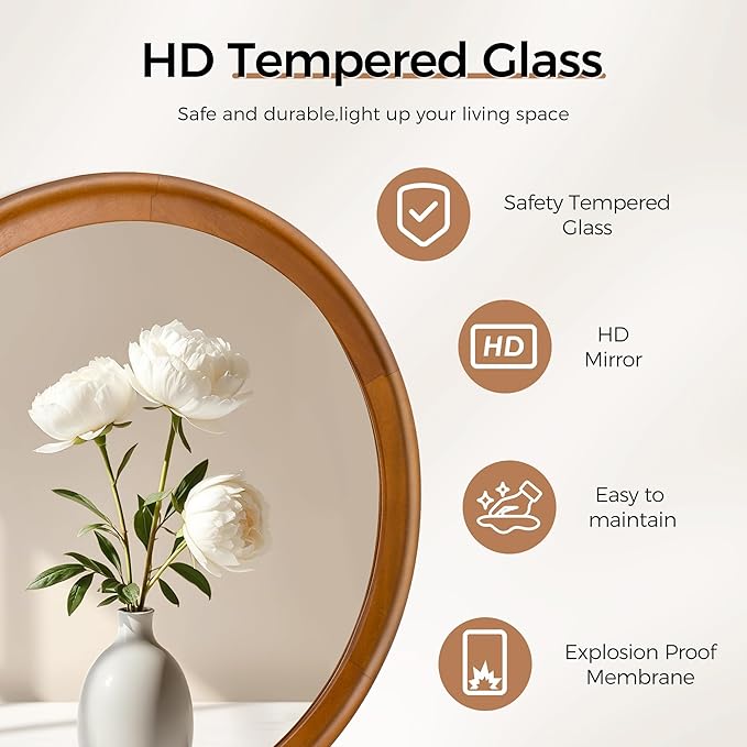 Round Wood Mirror for Wall,36 Inch Circle Decorative Mirror with Walnut Frame,Rustic Bathroom Hanging Vanity Mirror for Entryway,Bedroom or Living Room