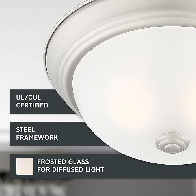 DESIGNERS FOUNTAIN Reedley 2-Lights Flush Mount Ceiling Light, 13 Inch Lighting Fixture for Kitchen, Bedroom, Bathroom, and Hallway, Pewter/White with Etched Glass, 1257M-PW-W