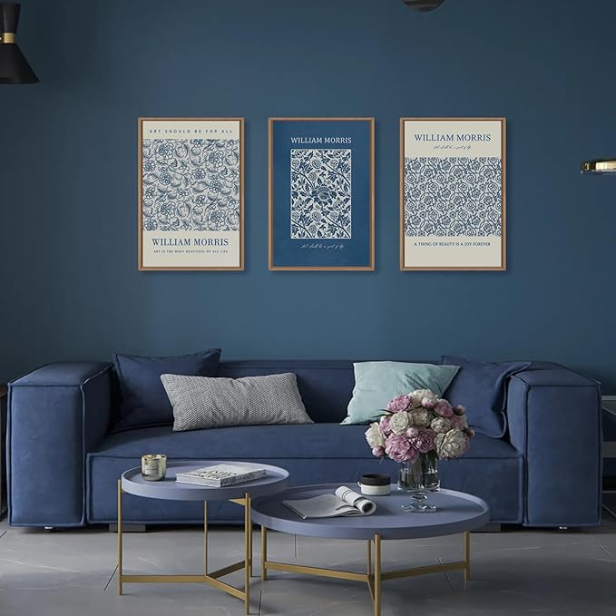 HOURIA William Morris Floral Framed Canvas Wall Art Set,Navy Blue White Flower Wall Decor,Retro Textured Botanical Artwork,Modern Neutral Blossom Art Print for Living Room,Bedroom,Office-16 x24 x3